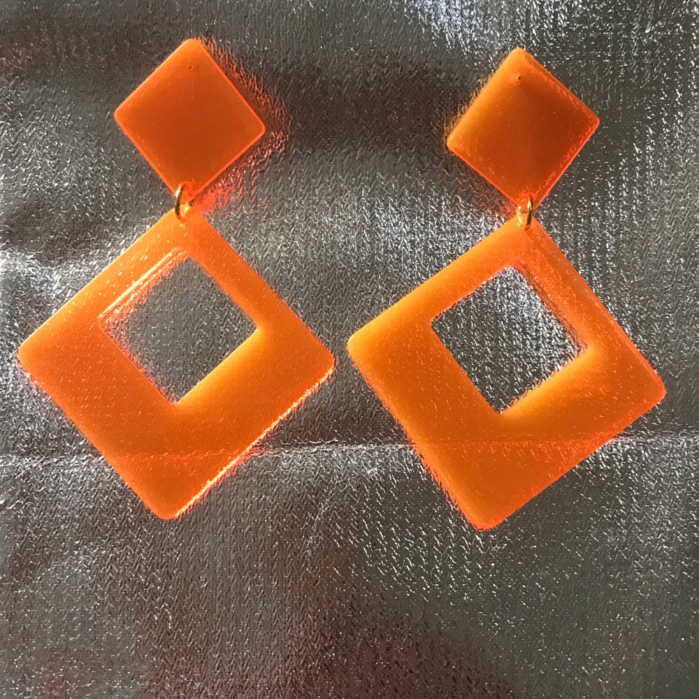 Neon Orange Large Acrylic Geometric Dangle Earrings - Picture 6 of 8
